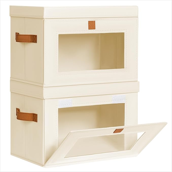 Homsorout Small Fabric Storage bins - Collapsible Storage Bins with Open Window, 2 Pack Closet Baskets for Shelves, Stackable Decorative Boxes for Home, Dorm, Beige, 13.7"x 9.8"x 9.8"