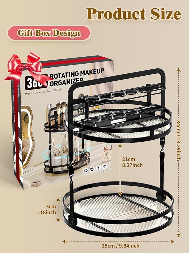 Rotating Makeup Vanity Organizer, 360 Spinning Perfume Organizer for Dresser, 2-Tier Black Bathroom Countertop Organizer, Lazy Susan Skincare Storage, Cosmetic Display with Makeup Brush Holder
