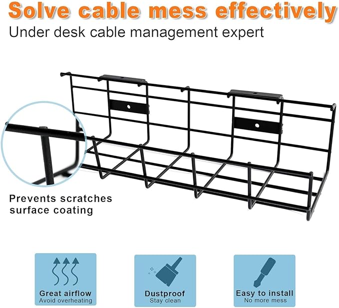 Under Desk Cable Management- 1 Pack Cord Organizer. Metal Wire Cable Management Tray for Office, Studio and Home. Super Sturdy Under Table Cable Management - Black Cable Organizer