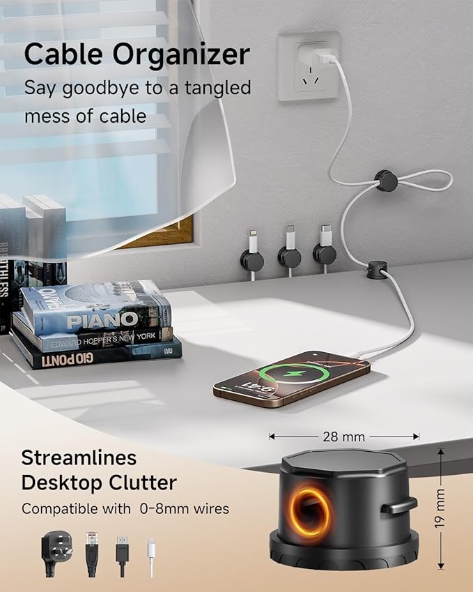 Cord Organizer Holder, 360° Rotatable Magnetic Cable Clips, Strong Adhesive Cable Management Desk Accessories, Adjustable Wire Organizer Hide Cords Neatly for Nightstand/Home/Kitchen/Office/Car