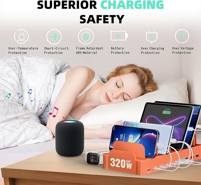 320W Charging Station for Multiple Devices, Zobirez 10-Port USB C Fast Charger Stations for MacBook, iPhone, Android Cell Phone, iPad, Tablet Family Multi-Device Organizer Charging Dock, Orange