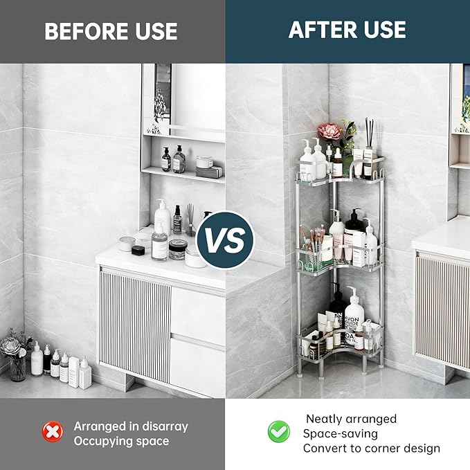 Standing Shower Corner Caddy, 3-Tier Stainless Steel Material Shower Organizer with 12 Hooks - Space Saving Corner Shelf with Adjustable Feet for Bathroom, Compact Spaces(Sliver, 3 Tiers)
