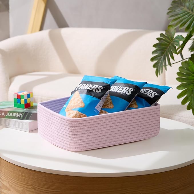 MiniArk Large Shallow Organizing Baskets 15x11x5.1 Inches - Rope Woven Storage Bins for Bathroom, Shelves, Cube Closet, Light Pink 2 Packs
