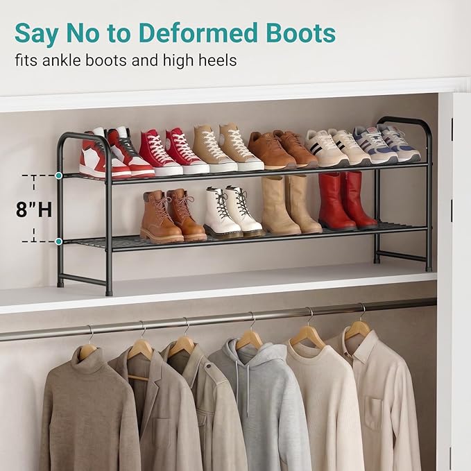 AOODA Long 2 Tier Shoe Rack for Closet Metal Wide Stackable Shoe Storage Organizer for Entryway, Bedroom, Floor, 18-Pairs Low Shoe Shelf, Black
