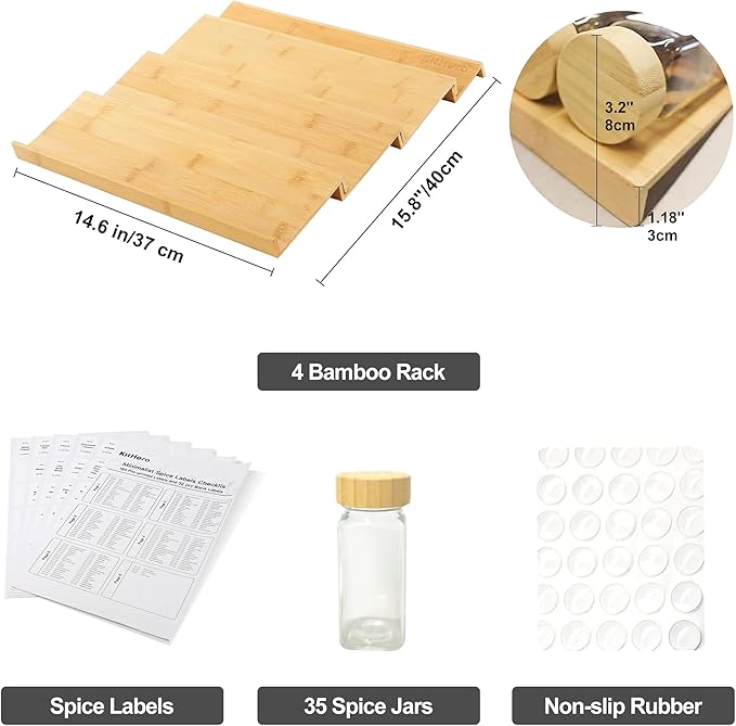 Spice Drawer Organizer with 35 Bamboo-lidded Spice Jars, 216 Labels