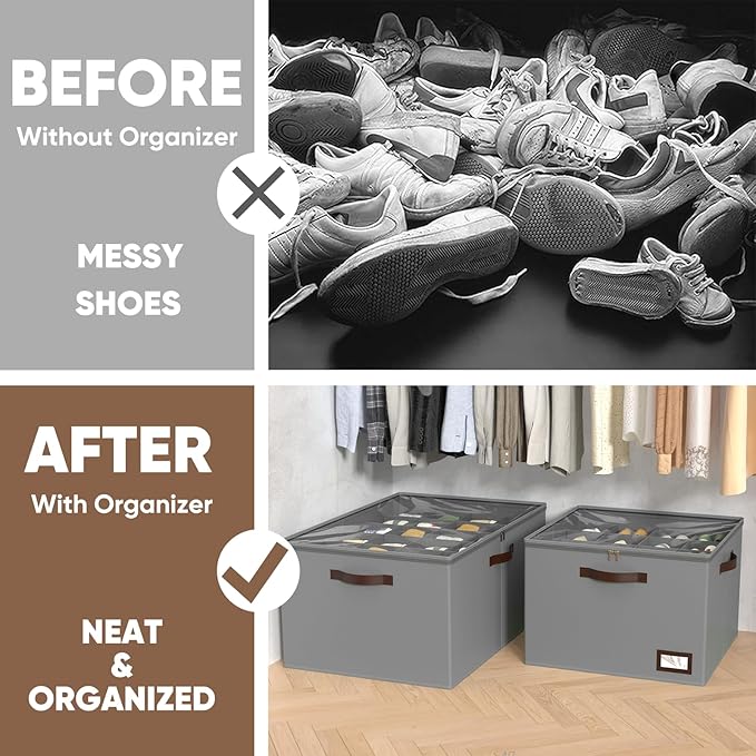 OIAHOMY 2 Pack Shoe Organizer for Closet, Large Foldable Shoe Storage Bins with Dividers and Reinforced Handles, Each Clear Cover Sneaker Box Fits Up to 24 Pairs for Entryway and Bedroom, Grey