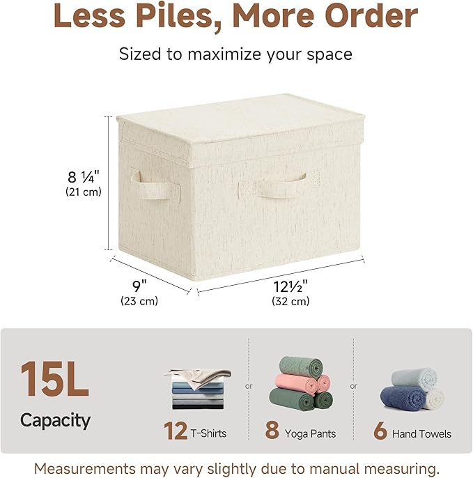 StorageWorks Fabric Storage Bins with Lid, Decorative Storage Boxes for Shelves, Stackable Closet Organizer Basket with Handles, Medium, Beige, 2-Pack