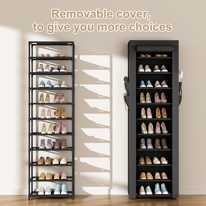 ROJASOP Shoe Rack with Covers 10 Tier Large Shoe Organizer Tall Shoe Closet Storage for 20-22 Pairs Shoe and Boot, Free Standing Shoe Rack Organizer for Closet, Entryway, Bedroom, Black