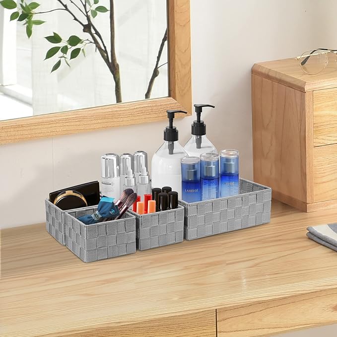 Posprica Drawer Organizer Bins,Woven Strap Storage Box Cube Basket Containers Divider for Organizing drawers, Shelves, Closets, Cabinets, Dressers and Countertops,set of 4, Light Grey