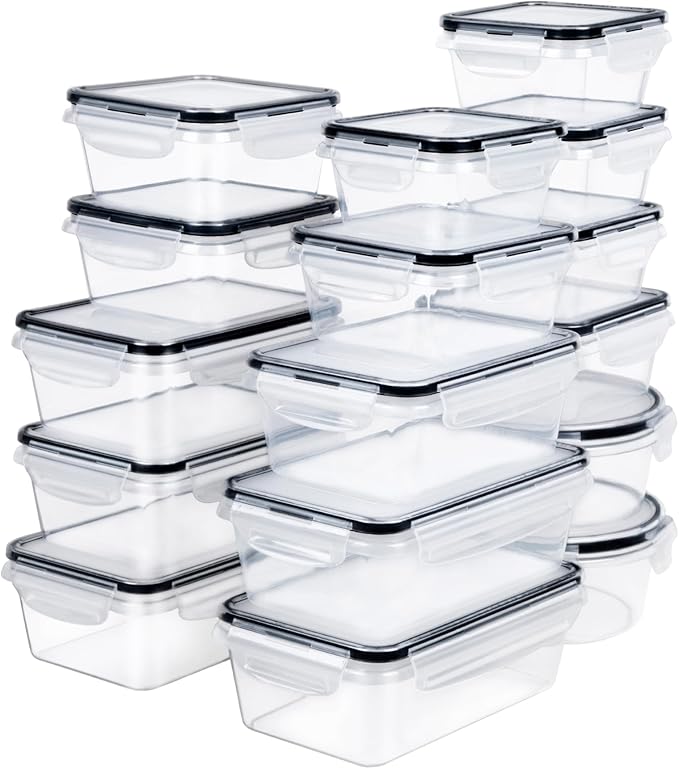 FOOYOO 32 Piece Food Storage Container with Lids (16 Containers + 16 Lids) - Plastic Food Containers with Lid, Airtight Leak Proof Snap Lock, BPA Free Storage Containers