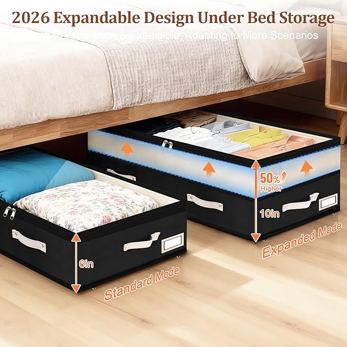 Dolicer 2 Pack Under Bed Storage with Wheels, 6in-10in Height Adjustable Underbed Storage Containers, 92L XXXL Under Bed Drawers Rolling Bin with Clear Lids for Dorm Shoes Clothes Organizers(Black)