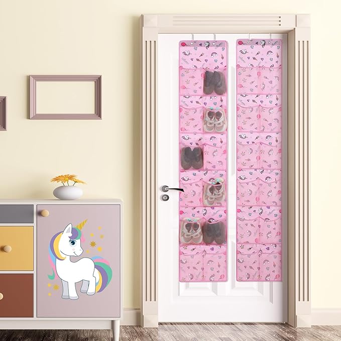 2 Pcs Kids over The Door Shoe Organizer 24 Pockets Unicorn Baby Water Bottle