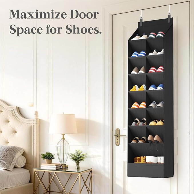 8 Tier Over the Door Shoe Organizer with 15 Large Deep Pockets, Black