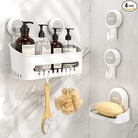 4 Pack Shower Caddy Set, Suction Cup Shower Shelf+Soap Dish+Hooks
