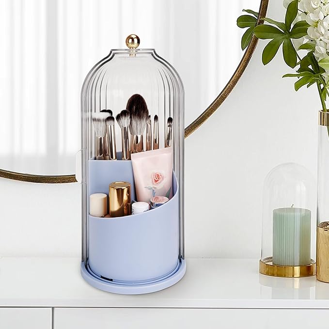 QIYVLOS Toothbrush Holders with Sliding Lid, Rotating 3 Slots Bathroom Organizer Countertop, Tooth Brush Toothpaste Holder Bathroom Counter Stand Sink Organizer Caddy for Makeup Brushes Holder (Blue)
