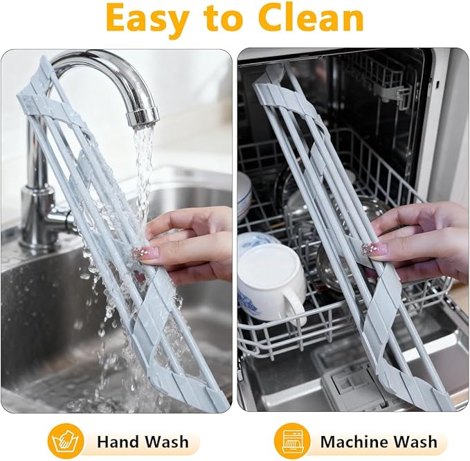Credon Triangle Roll Up Dish Drying Rack, Foldable Anti-Slip Kitchen Sink Drainer Organizer, Silicone Coated Stainless Steel Frame, Multipurpose Over Sink Corner Caddy for Space Saving (Grey)
