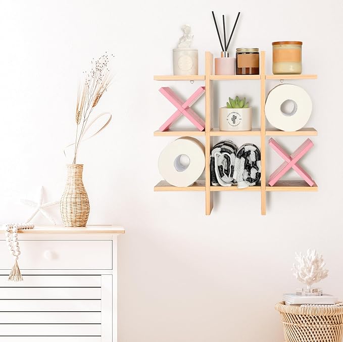 Weysat Tic Tac Toe Toilet Paper Holder Stand Bathroom Wall Decor Rustic Wooden Hanging Storage Freestanding Wall Mounted Shelves Decor for Toilet Tissue Farmhouse(Wood Color, Pink)