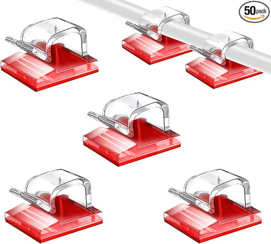 SOULWIT 50 Pcs Self Adhesive Cable Management Clips, Cable Organizers Sticky Wire Clips Cord Holder for TV PC Laptop Ethernet Cable Desktop Home Office (Clear)
