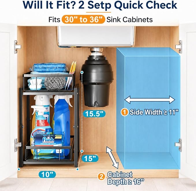 iSPECLE Under Kitchen Sink Organizer - 2 Tier Pull Out Under Sink Storage for Centered Garbage Disposal, Reach Back Items Easily Adjustable Shelf Height Heavy Duty H-Frame for Bathroom Sink Bases