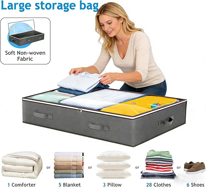 4 Pack 90L Under Bed Storage, Closet Organizers and Storage Containers with Clear Window Foldable Underbed Storage Bags for Clothes,Shoes, Blankets Pillows, Linen Sheets, Grey