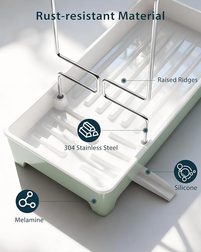 Minimalist Sink Caddy, Rustproof Sponge Holder for Kitchen Sink with 304 Stainless-Steel Brush Holder, Countertop Rack Organizer with Raised Ridges & Silicone Drain Tube (Mint Green, Large)