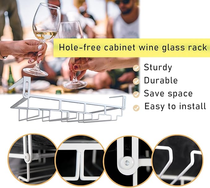 Adjustable Under Cabinet Stemware Holder - Metal Wine Glass Hanger Organizer for Kitchen, Bar, Shelf - Rustproof Hanging Storage Rack for 6-8 Glasses - Space Saving Decor (White, 4 Rows)