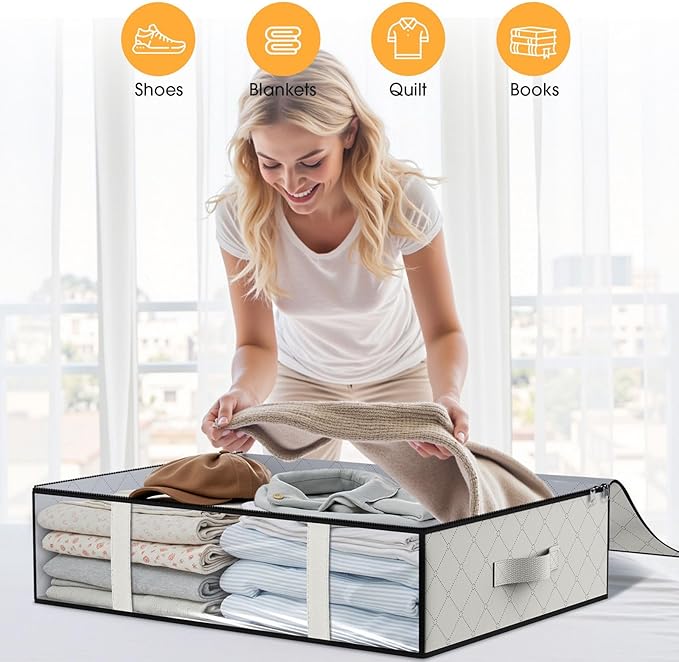 StorageRight Under Bed Storage Bags 3 Pack, 40L Large Clothes & Comforter Storage Containers with Clear Window, Breathable Fabric Organizer for Blankets, Bedding, Seasonal Clothing, White