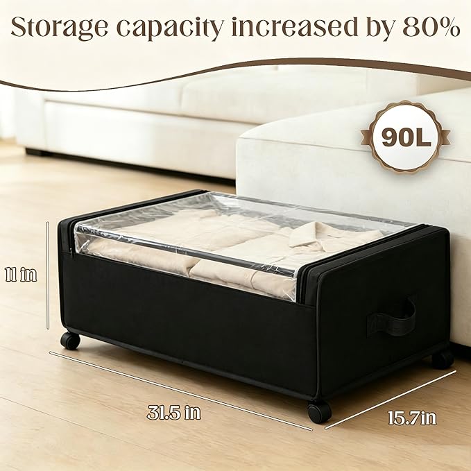 Under Bed Storage with Wheels, 2 Pack Under Bed Storage Containers, 10.6 inches Tall Underbed storage bins on Wheels, Rolling Under the Bed Metal Drawers for Clothes, Blankets, Shoes (XXXL, 90L)