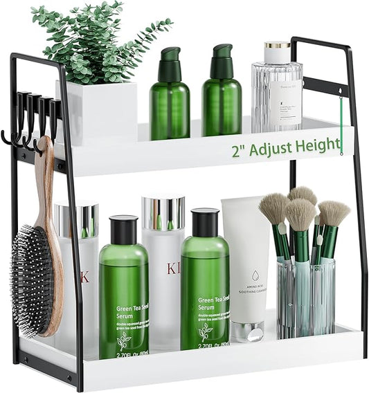 VITVITI 2-Tier Bathroom Organizer Countertop, Wood Bathroom Counter Organizer and Storage, Bathrom Corner Sink Vanity Skincare Organizer Shelf with Hooks, White