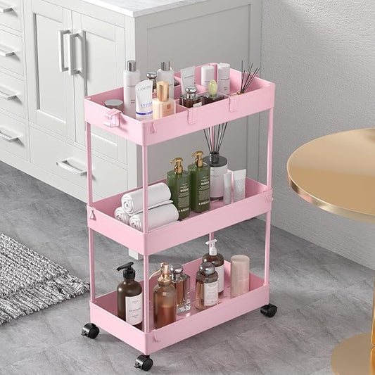 3 Tier Rolling Cart with Wheels, Pink