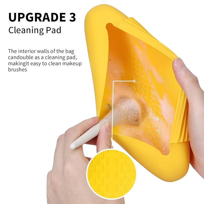 AGIKET Silicone Makeup Brush Holder Travel Cosmetic Bag：Soft Portable Cosmetic Face Brushes Holder with Upgrade Anti-Fall Out Magnetic Closure, Large Travel Makeup Brush Case - Yellow