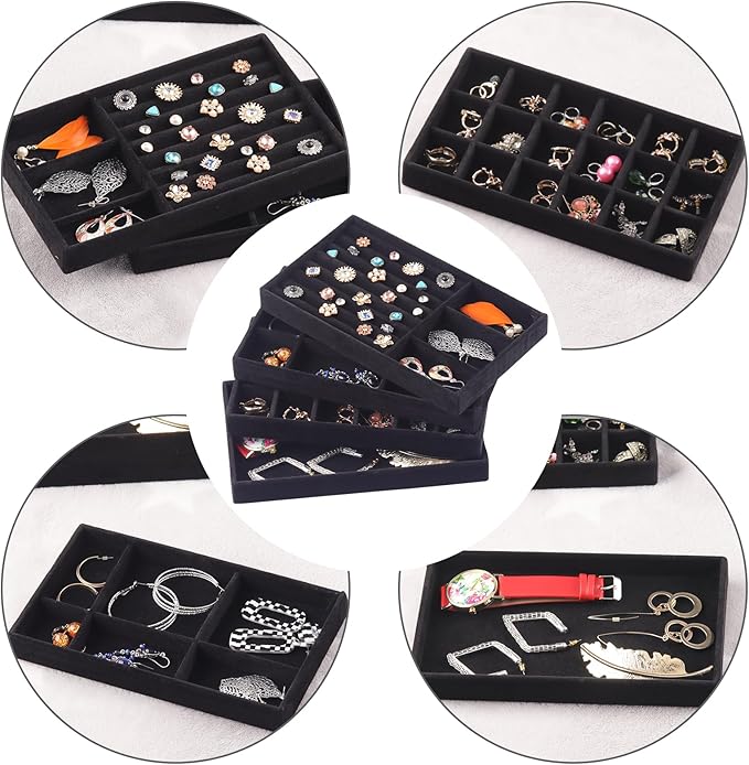 Set of 8 Velvet Jewelry Drawer Organizer Inserts, Stackable Trays with Removable Dividers, Earring and Ring Holder Display for Dresser, Storage Case for Necklace Bracelet Watch - Black