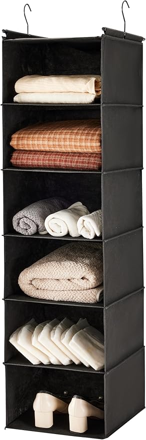 MAX Houser 6 Tier Shelf Hanging Closet Organizer, Closet Hanging Shelf with 2 Sturdy Hooks for Storage, Foldable (Black)