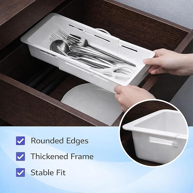 3-Pack Expandable Drawer Organizer for Deep Drawers, Adjustable 17–27 in Storage Tray, Durable PP Smooth Glide Divider for Kitchen, Vanity & Office, Space-Saving Design