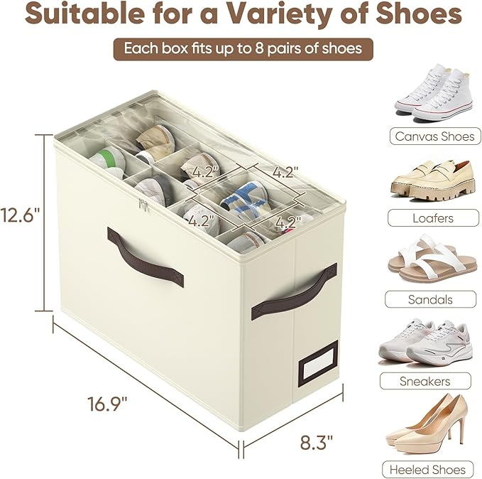 OIAHOMY 4 Pack Shoe Organizer for Closet, Foldable Shoe Storage Bins with Adjustable Dividers, Stackable Oxford Cloth Sneaker Boxes for Entryway Bedroom, Fits Up to 32 Pairs, Beige