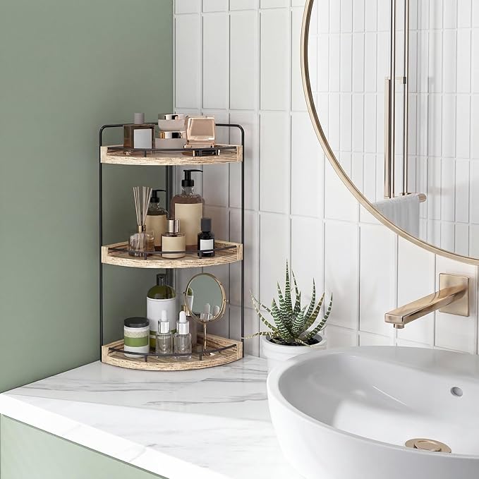Fixwal Bathroom Counter Organizer, 3 Tier Rustic Bathroom Shelves Corner Organizer, Wood Countertop Storage Tray for Vanity, Kitchen, Bedroom (Light Brown)
