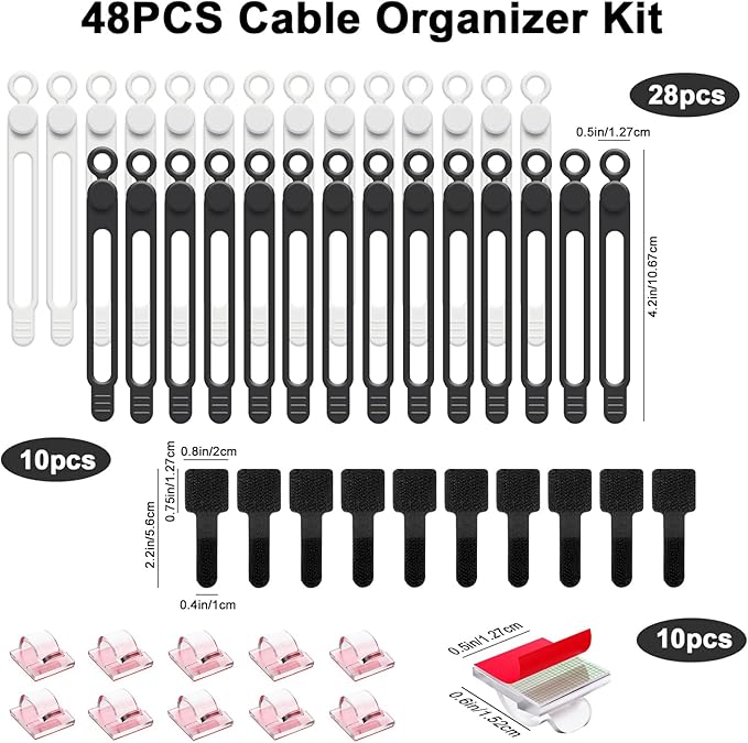 48Pcs Cord Organizer Kit, Reusable Silicone Cable Ties, Strong Adhesive Cable Clips for Cable Management, Multipurpose Wire Management for Bundling and Fastening Various Wires (Black, White)