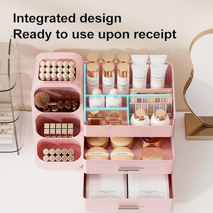 Makeup Organizer with Drawers,Large Capacity Countertop Organizer for Vanity,Bathroom and Bedroom Desk Cosmetics Organizer,Easy To Storage Skincare,Brushes,Lotions (All Pink)