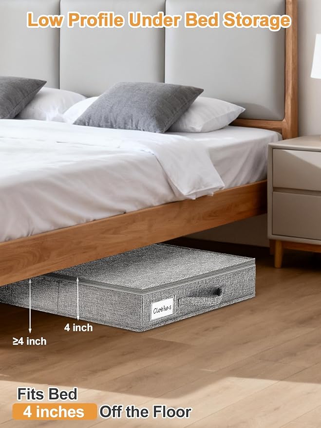 punemi 4 Inch Height Low Profile Under Bed Storage, Underbed Storage Containers With Sturdy Sidewalls & Bottom, Shallow Clothes Storage Bins, Slim Under Couch Sofa Dresser Storage, 2 Pack, Grey