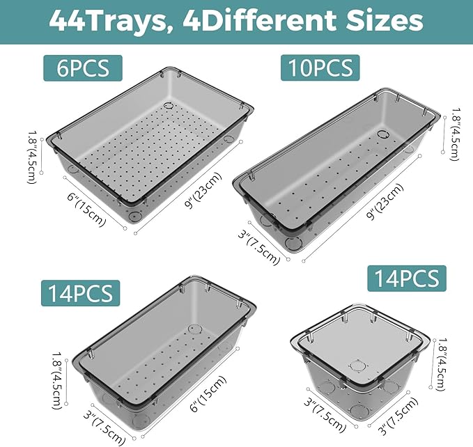 44 PCS Clear Plastic Drawer Organizer Set, Clear Black