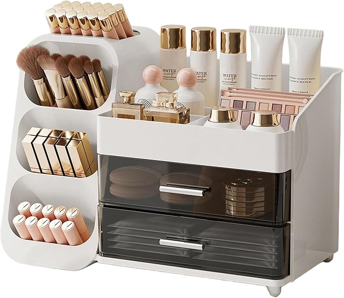 UFORU Makeup Organizer for Vanity with Brush Holder, Large Capacity Bathroom Countertop Skincare Organizer with 2 Drawers, Cosmetic Display Case for Perfumes, Eyeshadow Palettes, Nail Polishes
