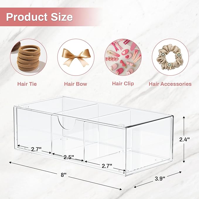 Hair Accessories Organizer for Girls, Clear Hair Bow Tie Clip Scrunchie Holder Organizer with Removable Divider, Cute Small Stackable Storage Drawer Container Caddy Box, Kids Women Vanity Accessories