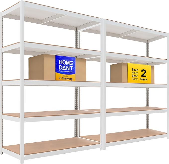 HOMEDANT House 48.1" W Deep 5 Tier Heavy Duty Garage Shelving Adjustable Metal Rack Storage Shelves Standing Shelf Unit Organizers Industrial Warehouse Basement White 2Pack