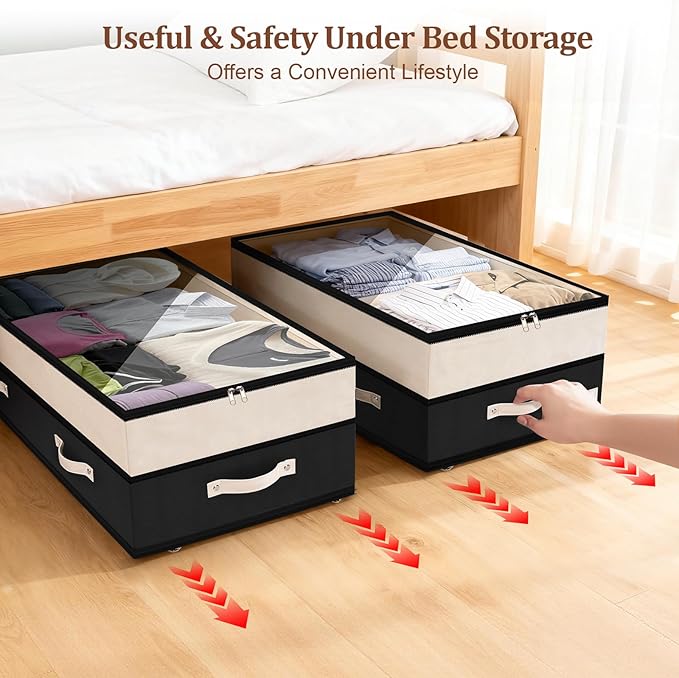 Dolicer 4 Pack Under Bed Storage with Wheels, 6in-10in Height Adjustable Underbed Storage Containers, 92L XXXL Under Bed Drawers Rolling Bin with Clear Lids for Dorm Shoes Clothes Organizers(Black)
