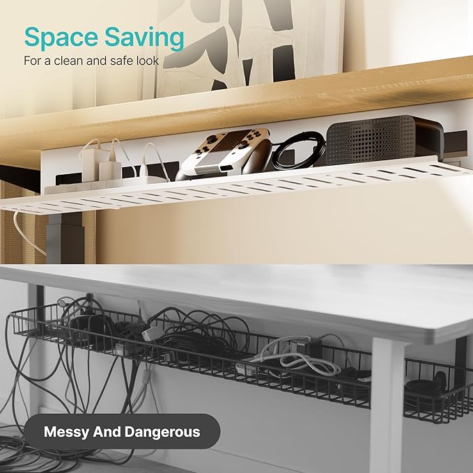 Under Desk Cable Management Tray, 31.5 Inches Metal Cord Organizer Rack, White