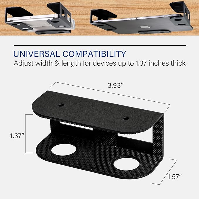 BYMECOST Under Desk Laptop Storage Mount, Metal Under Desk Device Holder, for Devices Up to 1.37" Thick, MacBook, Mini, Keyboard, Router, with Anti-Scratch Silicone (Black)