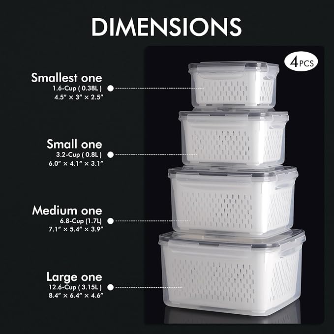 4-Pack Large Fruit Storage Container for Fridge Leak proof with Removable