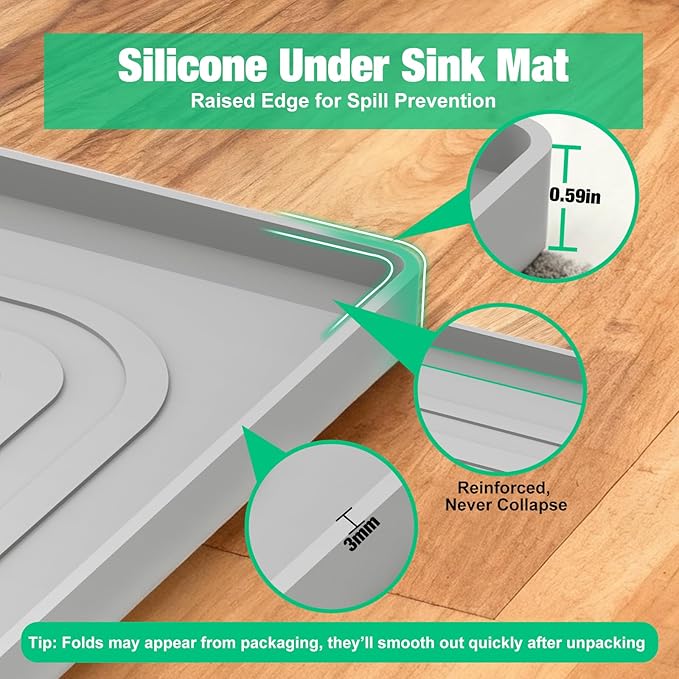 Aisslro Under Sink Mat 25" X 19", Waterproof Silicone Under Sink Mats for Kitchen, Anti-Leak Shelf Liner & Cabinet Protector with Raised Edge, [BPA Free] Bathroom Tray Home Organizer, Gray
