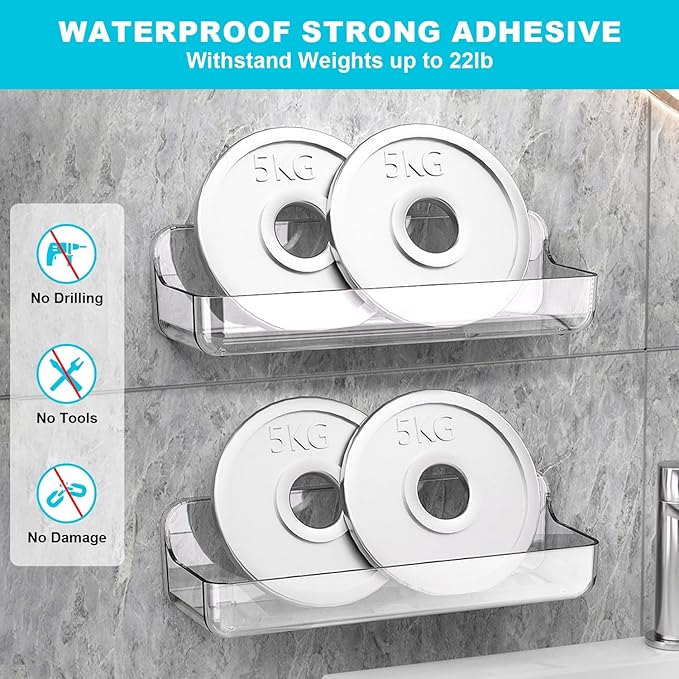 CGBE Adhesive Long Shower Caddy: Stick Hanging Acrylic Organizer Shelves - 2-Pack Modern Wall-Mounted Holder for Girls, Men & Kids - Bathroom Wall Bathtub