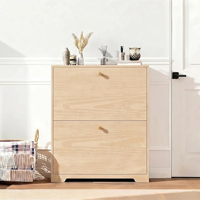 Shoe Cabinet with 2 Flip Drawers, Foyer Natural Oak with Hook